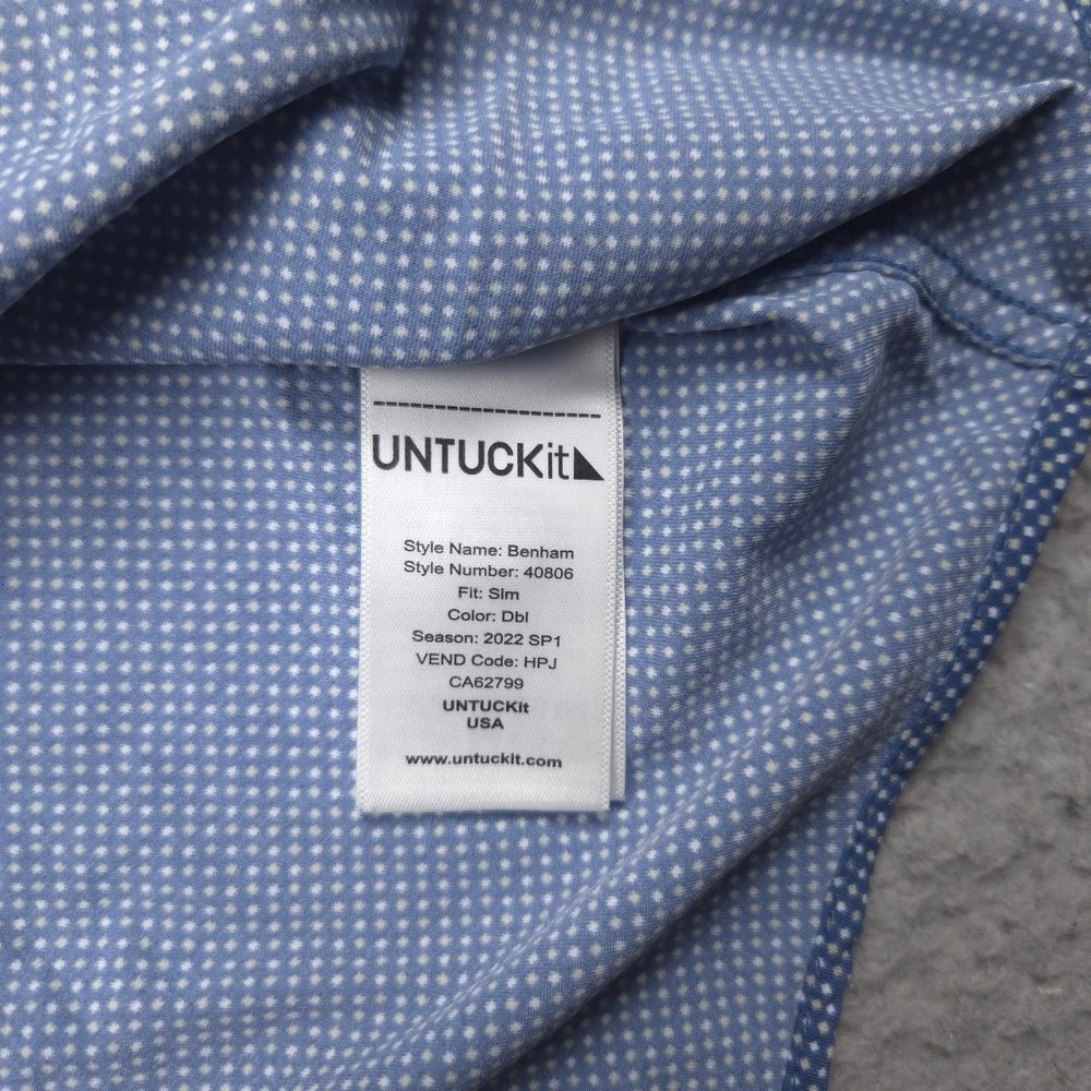 UNTUCKit Benham Men's Medium Slim Fit Blue Micro Dot Stretch Short Sleeve Shirt - Picture 4 of 12